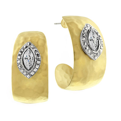 Gold Tone Crystal Hammered Hoop Earrings