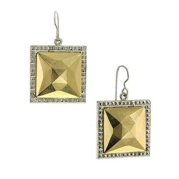 Silver Tone Gold Stone Large Square Earrings