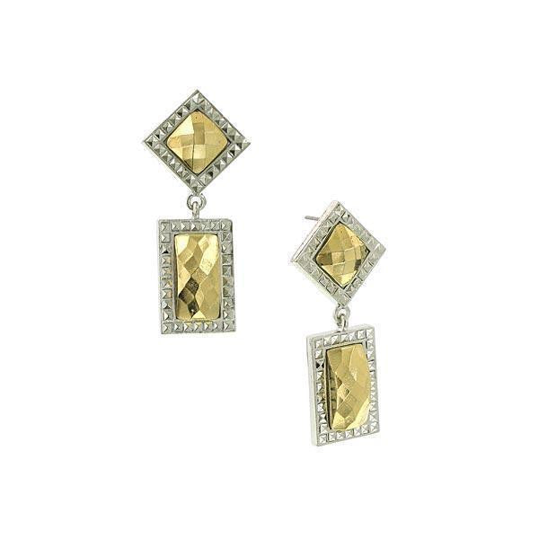 Silver Tone Gold Stone Double Drop Square Earrings