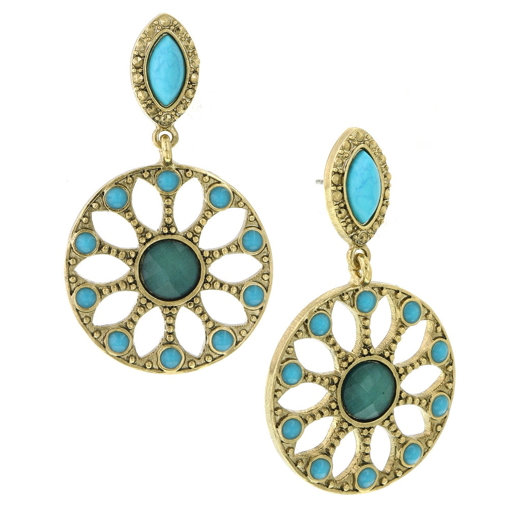Gold Tone Green And Turquoise Color Drop Hoop Earrings
