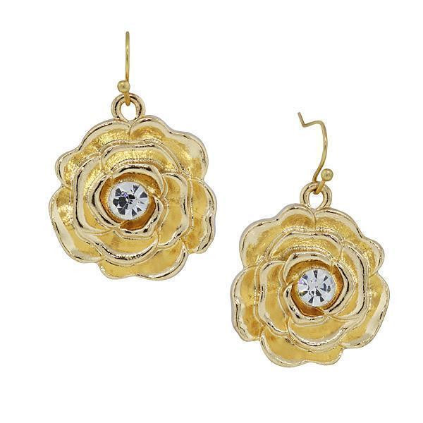 Gold Tone Crystal Accent Flower Drop Earrings