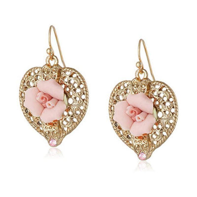 Gold Tone Pink Crystal And Porcelain Rose Filigree Heart Earrings