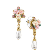 Crystal Ivory And Pink Porcelain Rose Costume Pearl Drop Earrings