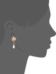 Gold Tone Pink Crystal And Porcelain Rose Faux Pearl Drop Earrings