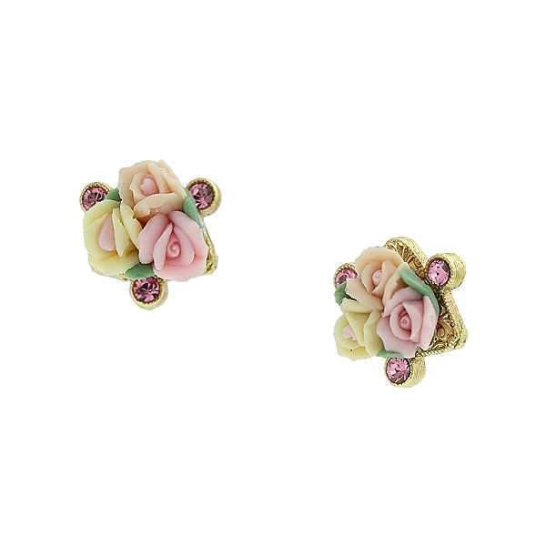 Gold Tone Pink Crystal And Ivory And Pink Porcelain Rose Button Earrings