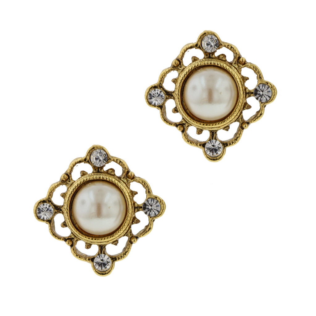 Filigree Crystal Accent Round Faux Pearl Button Earrings