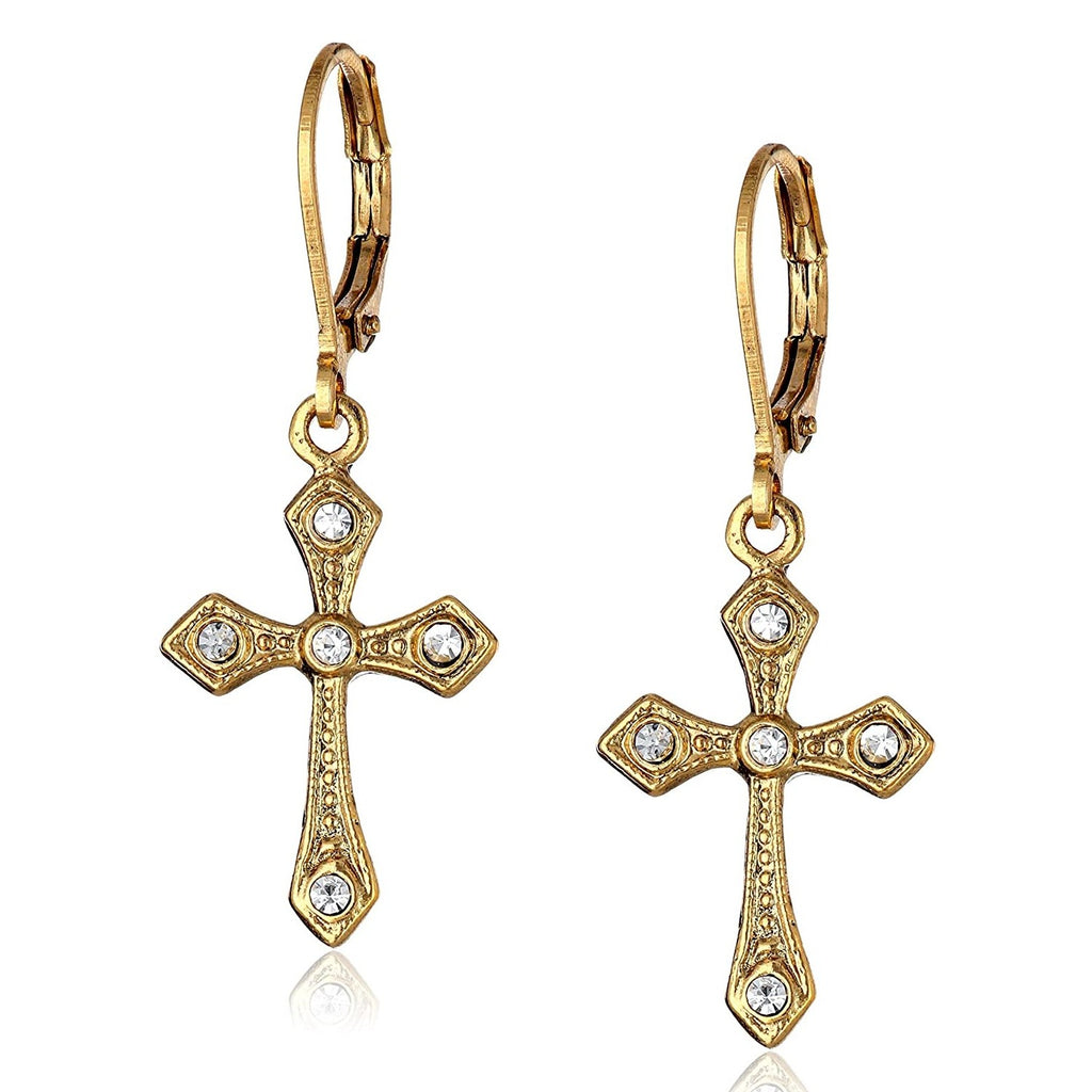 14K Gold Dipped Crystal Cross Drop Earrings