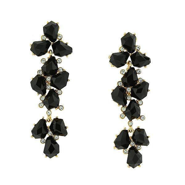 Gold Tone Jet Black W/ Crystal Accent Linear Earrings