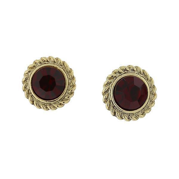 Gold Tone Siam Red Round Button Earrings