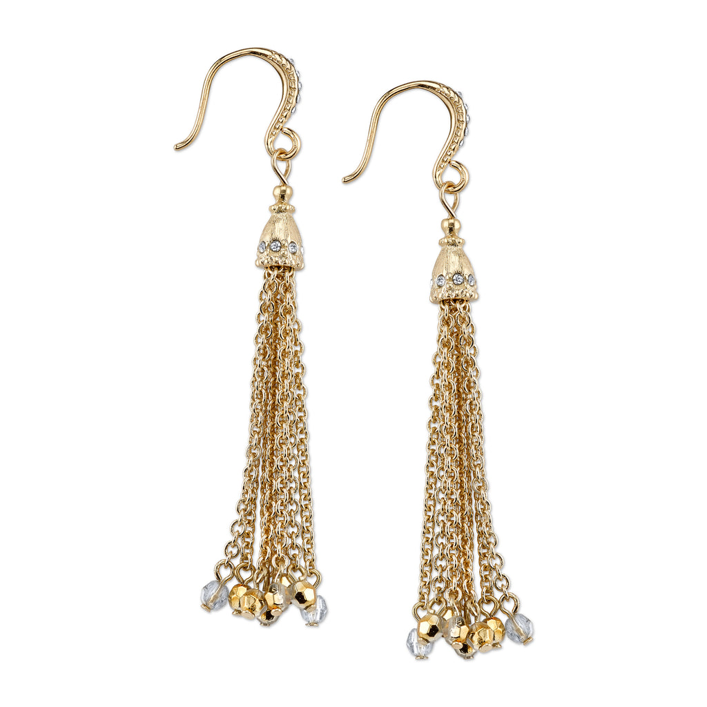 Gold Tone Crystal And Hematite Color Accent Tassle Earrings