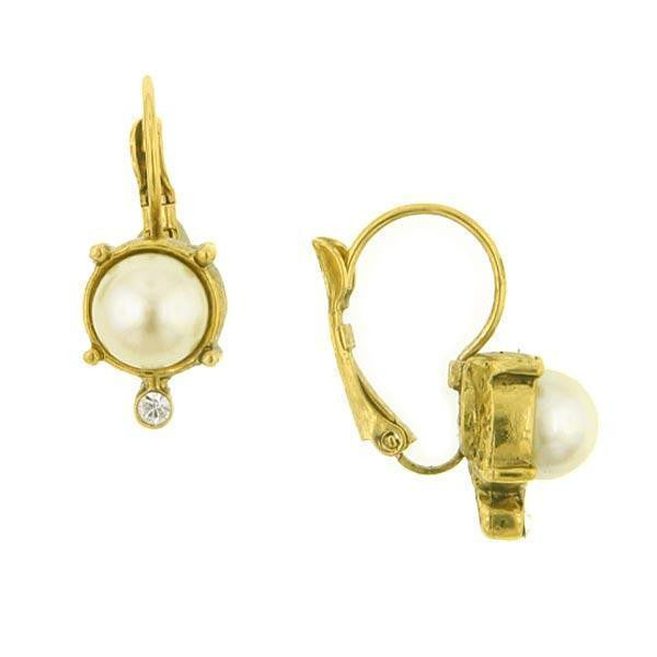 Gold Tone Simulated Pearl and Crystal Leverback Drop Earrings