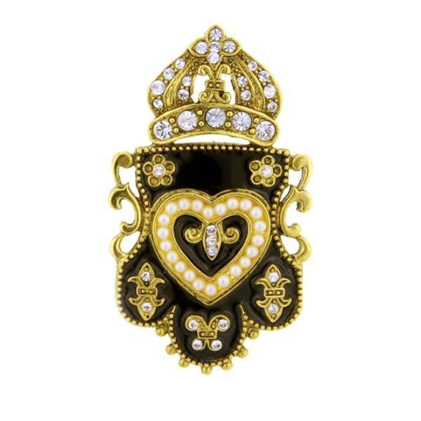 Black Enamel Crystal And Faux Pearl Heart And Crown Pin