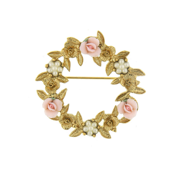 Gold Tone Pink Porcelain Rose Wreath Brooch