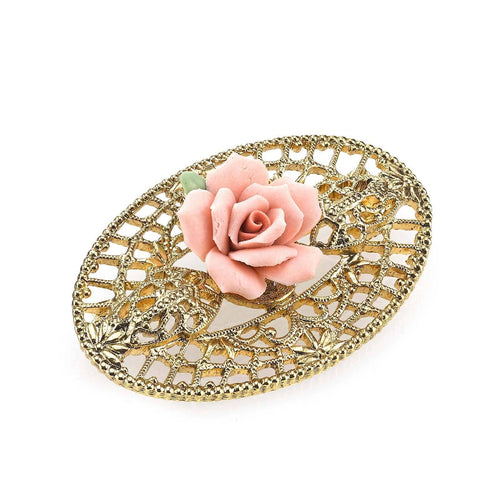 1928 Jewelry Pink Porcelain Rose Filigree Brooch| Rose Jewelry
