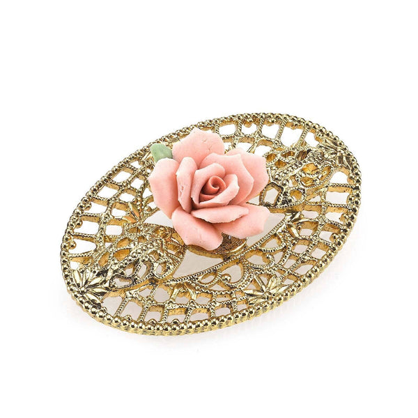 1928 Jewelry Pink Porcelain Rose Filigree Brooch| Rose Jewelry display picture 3