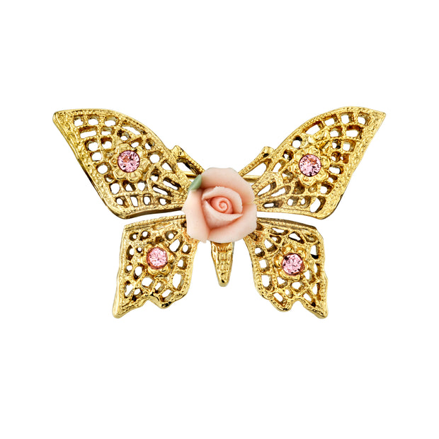 Pink Crystal And Porcelain Rose Butterfly Brooch
