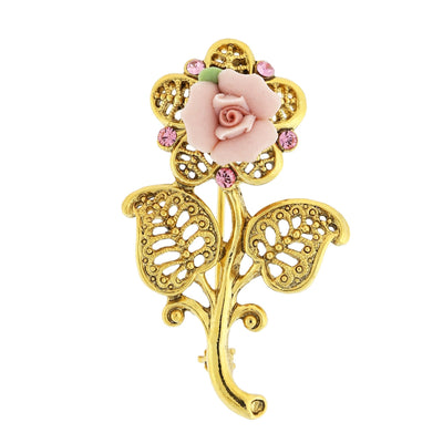 Gold Tone Pink Crystal And Porcelain Rose Brooch