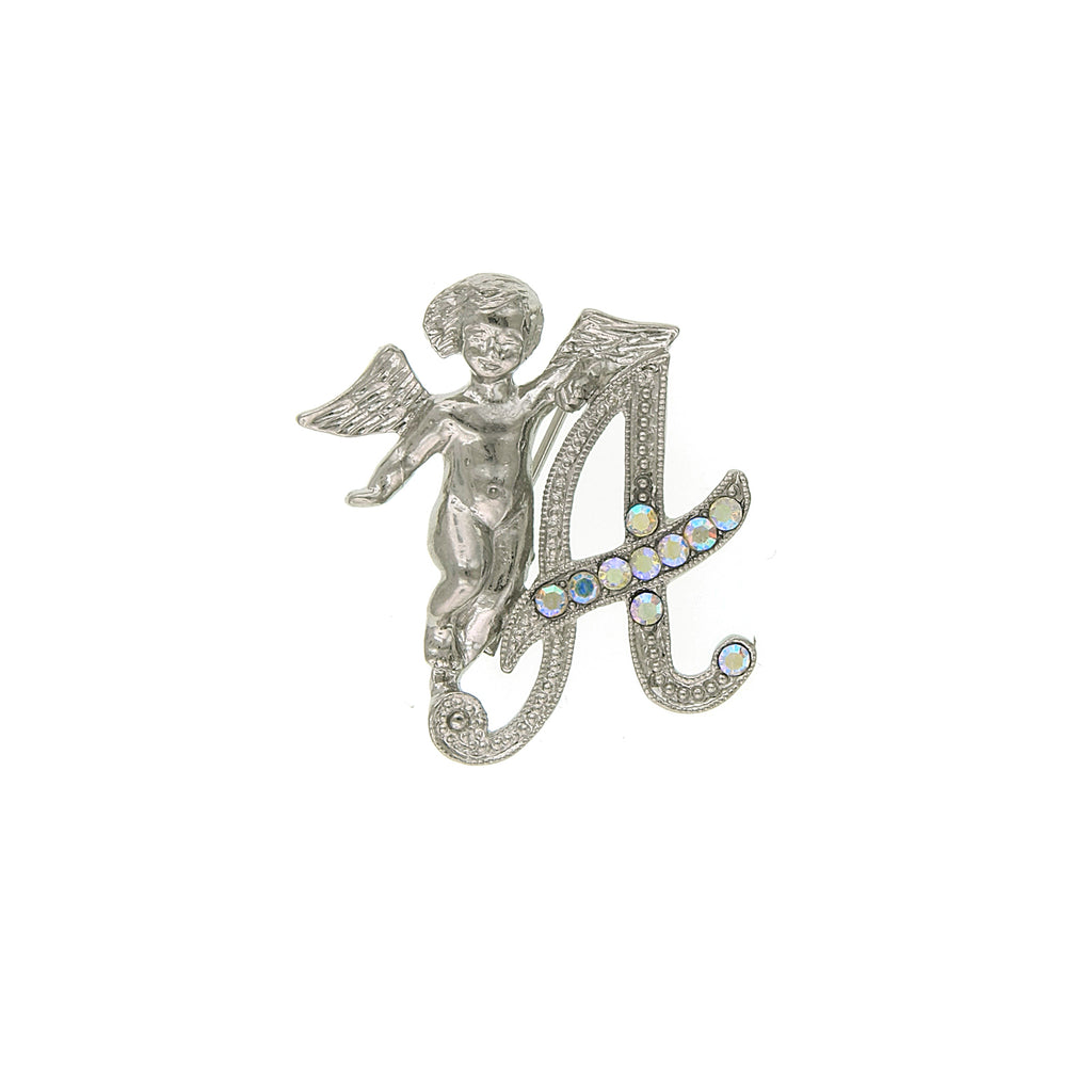 Silver Tone Aurore Boreale Crystal Angel Initial Pin A