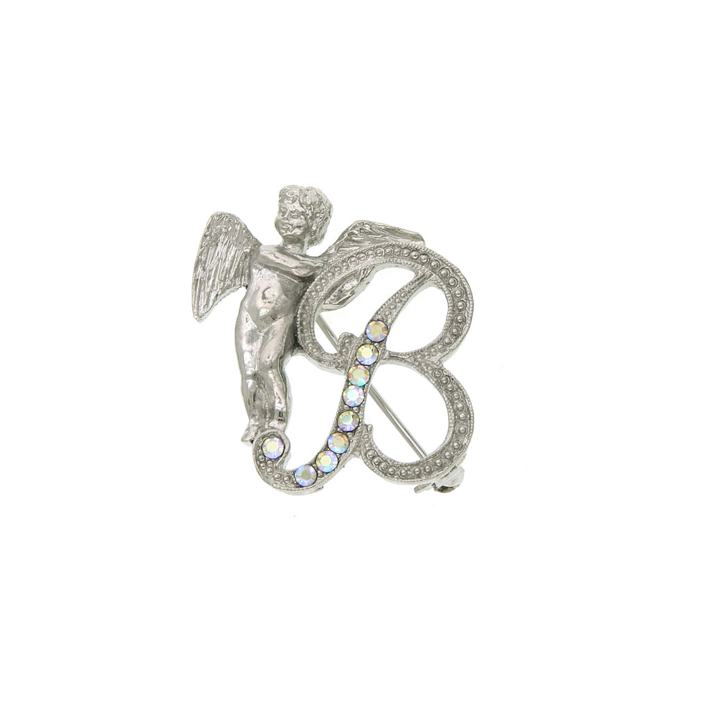 Silver Tone Aurore Boreale Crystal Angel Initial Pin D