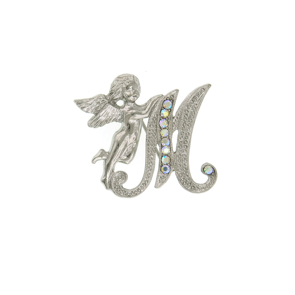 Silver Tone Aurore Boreale Crystal Angel Initial Pin K