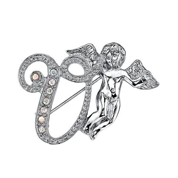 Silver Tone Aurore Boreale Crystal Angel Initial Pin W