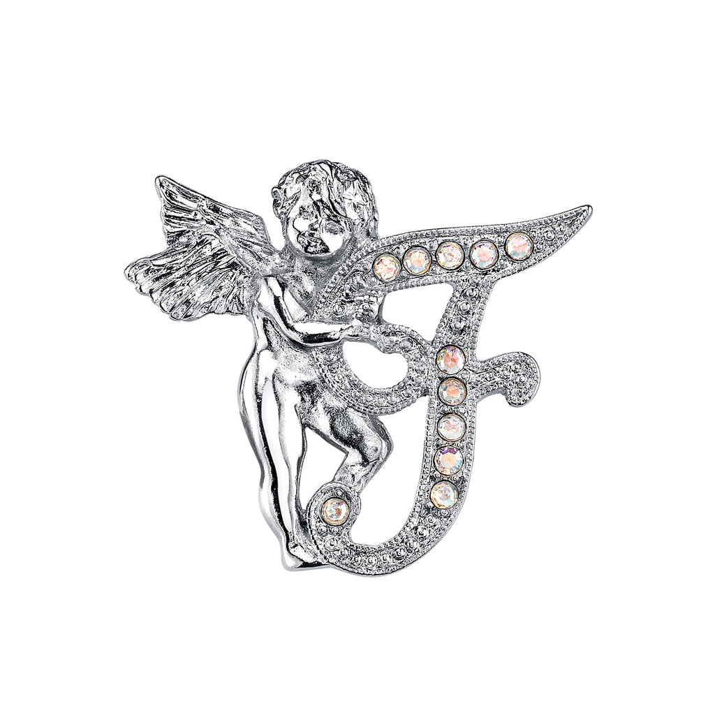 Silver Tone Aurore Boreale Crystal Angel Initial Pin P
