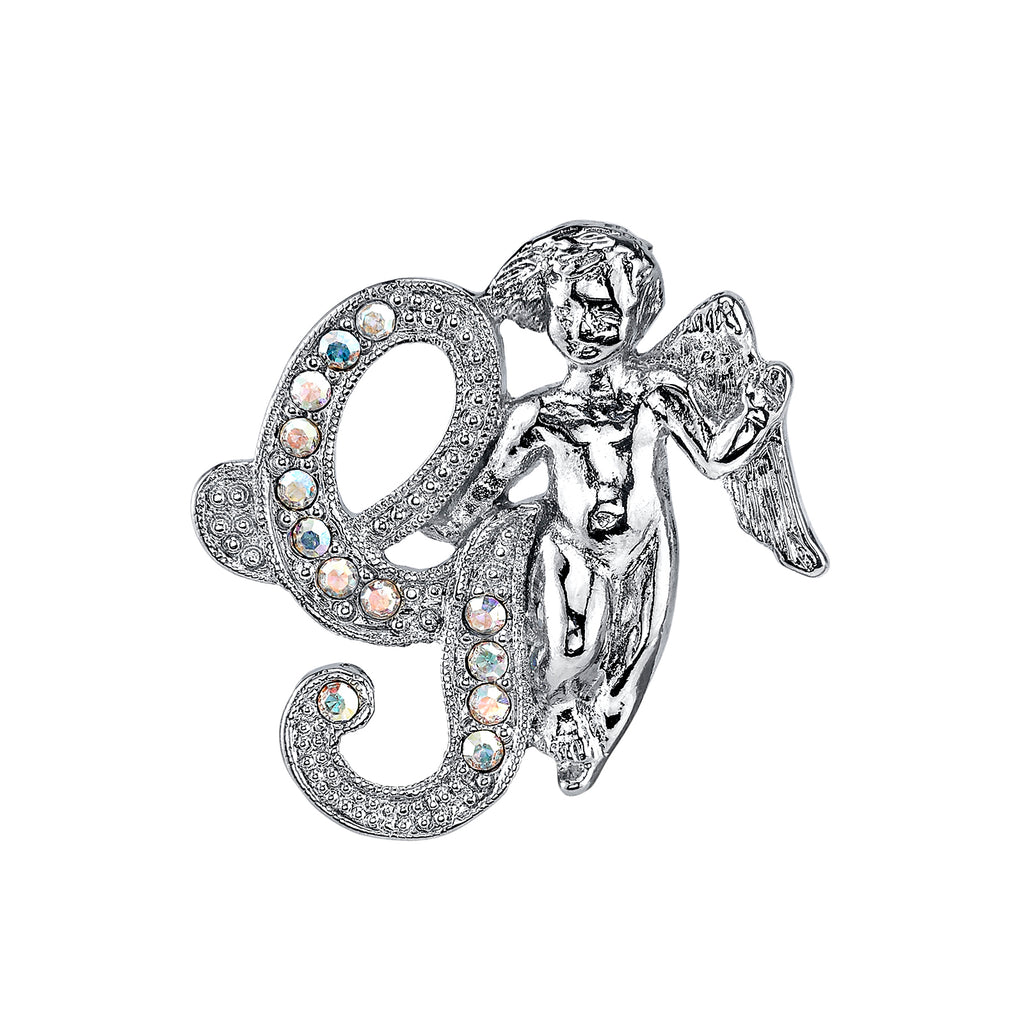 Silver Tone Aurore Boreale Crystal Angel Initial Pin V