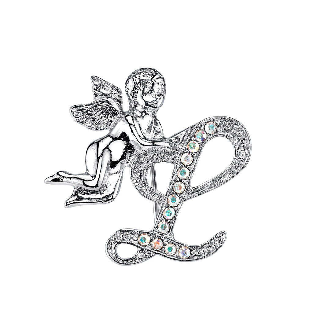 Silver Tone Aurore Boreale Crystal Angel Initial Pin G