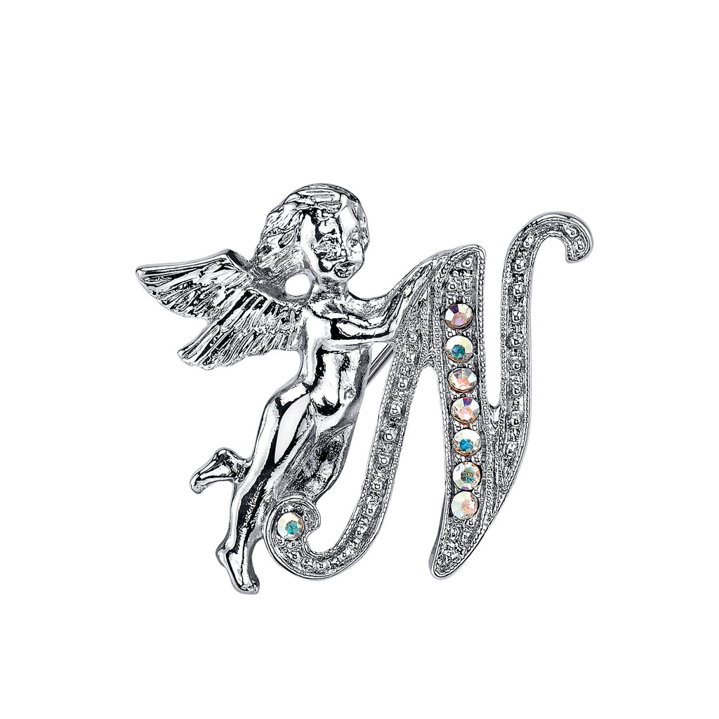 Silver Tone Aurore Boreale Crystal Angel Initial Pin L