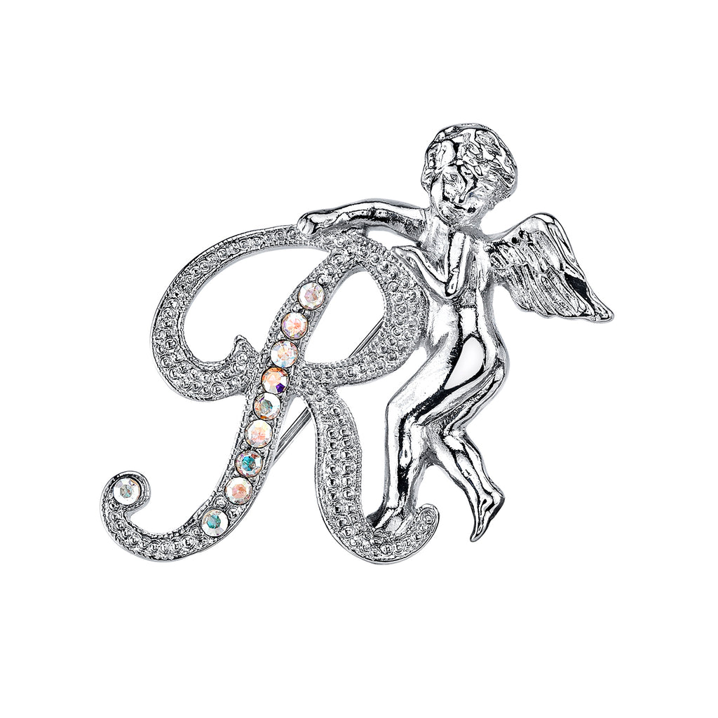 Silver Tone Aurore Boreale Crystal Angel Initial Pin R