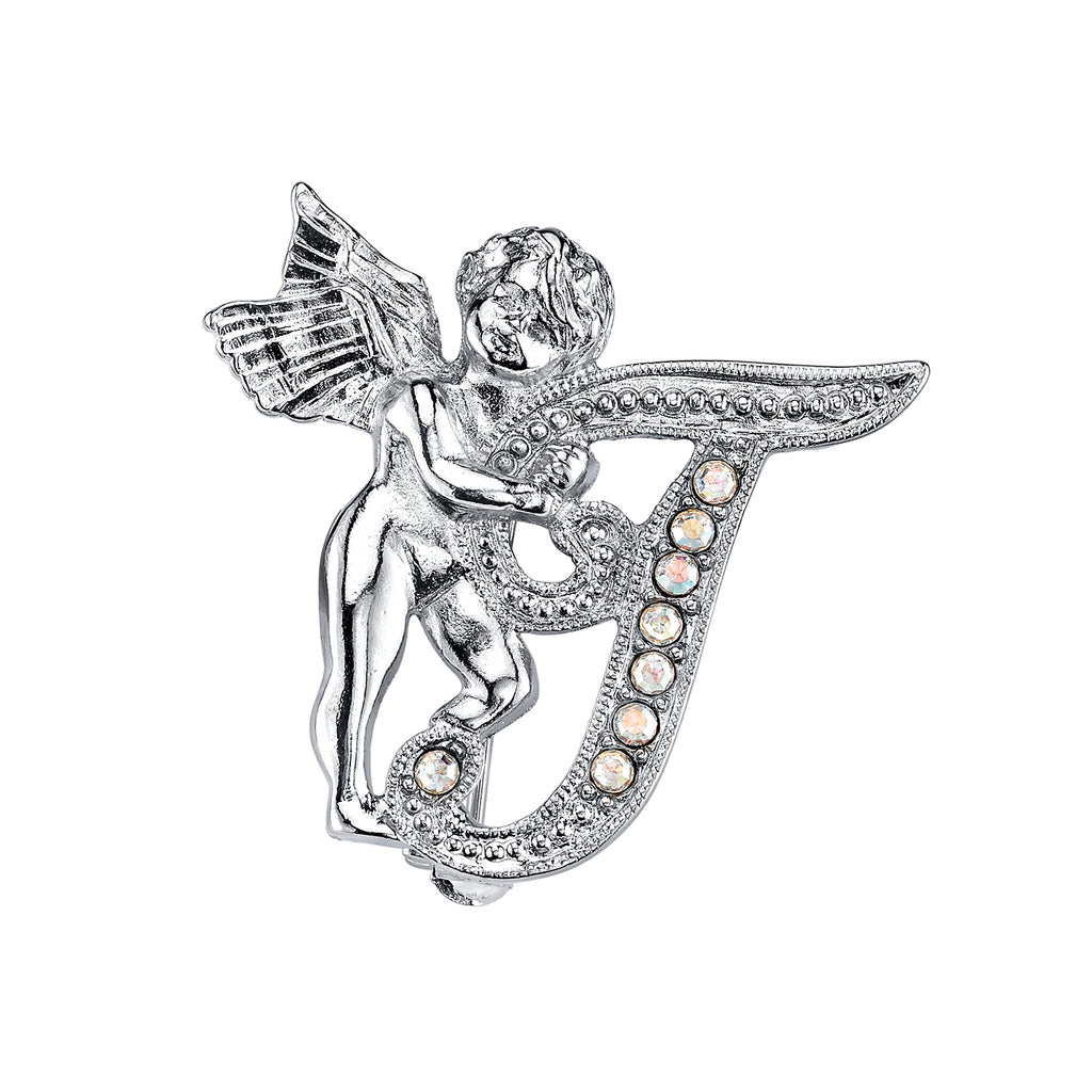 Silver Tone Aurore Boreale Crystal Angel Initial Pin T