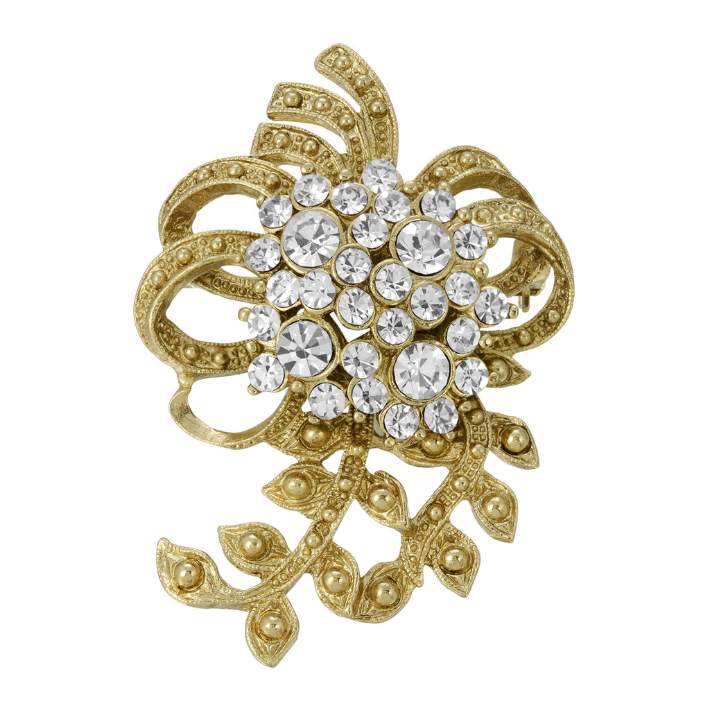 14K Gold Dipped Floral Crystal Cluster Pin