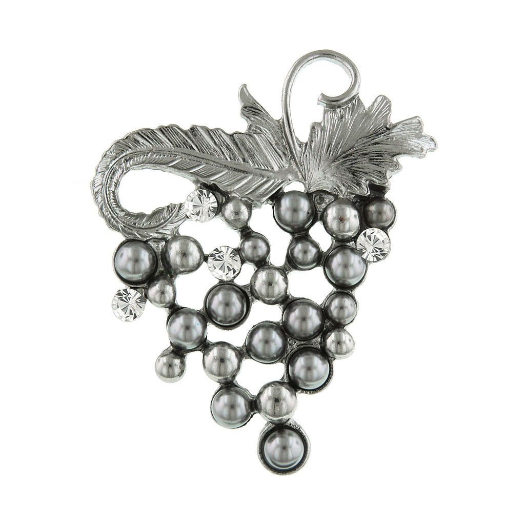 Grey Faux Pearl and Crystal Grape Cluster Pin