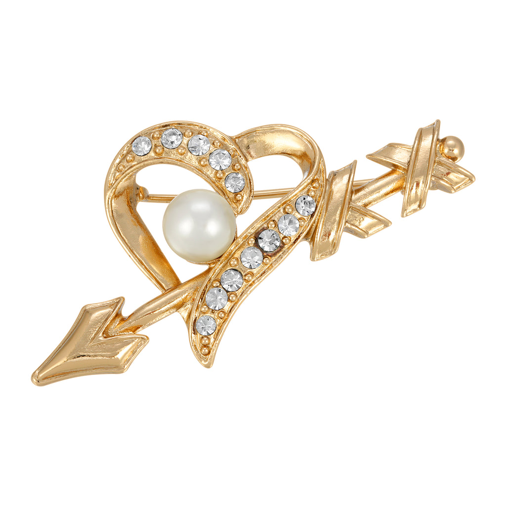 Crystal and Faux Pearl Heart and Arrow Pin