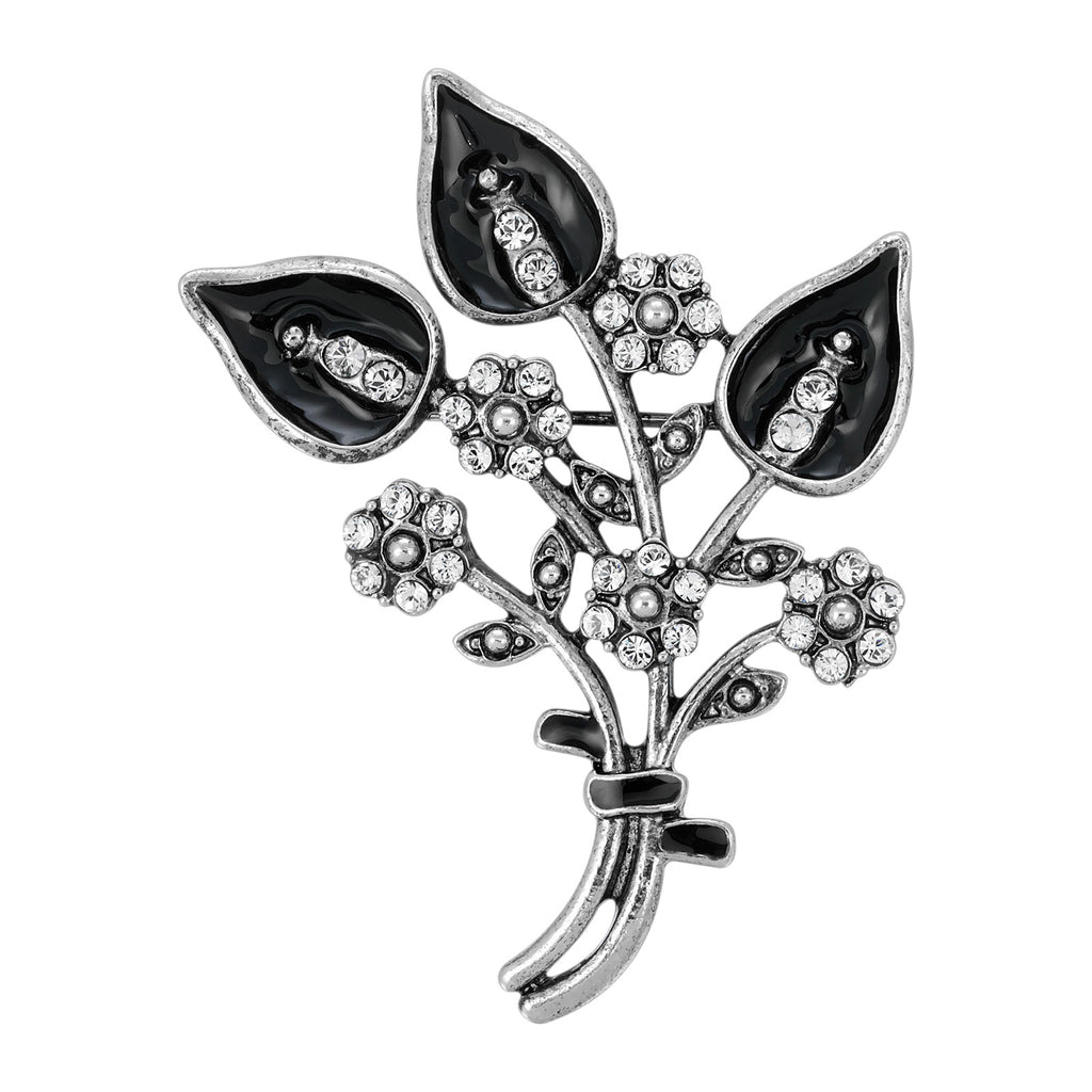 Silver-Tone Jet Black Enamel & Crystal Flower Pin