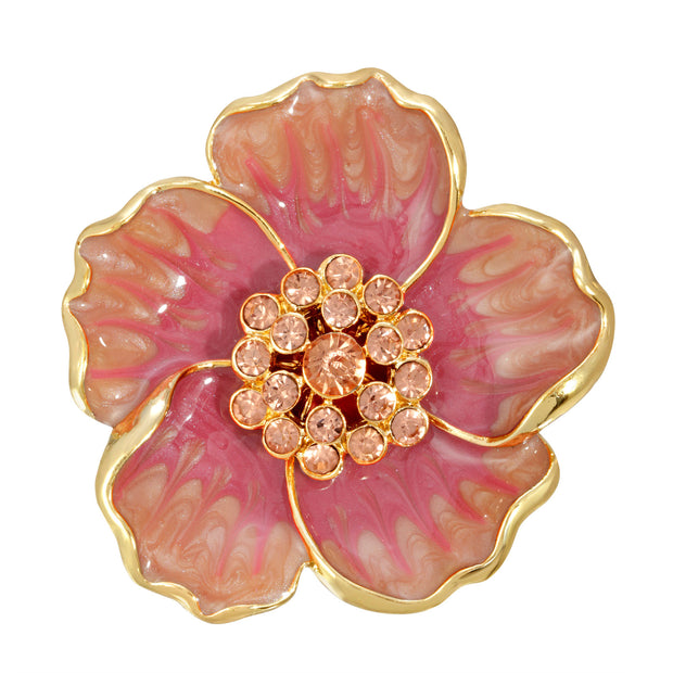  Gold-Tone Coral Enamel & Glass Stone Flower Pin