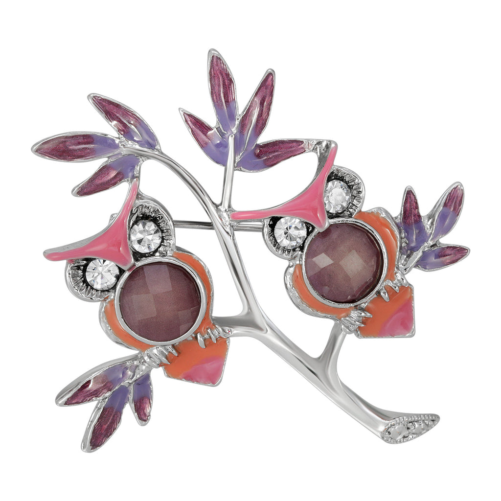 Silver Tone Purple And Pink Enamel Owls Pin