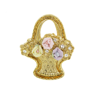 14K Gold Dipped Pink, Purple, And Ivory Genuine Porcelain Rose Flower Basket Pin