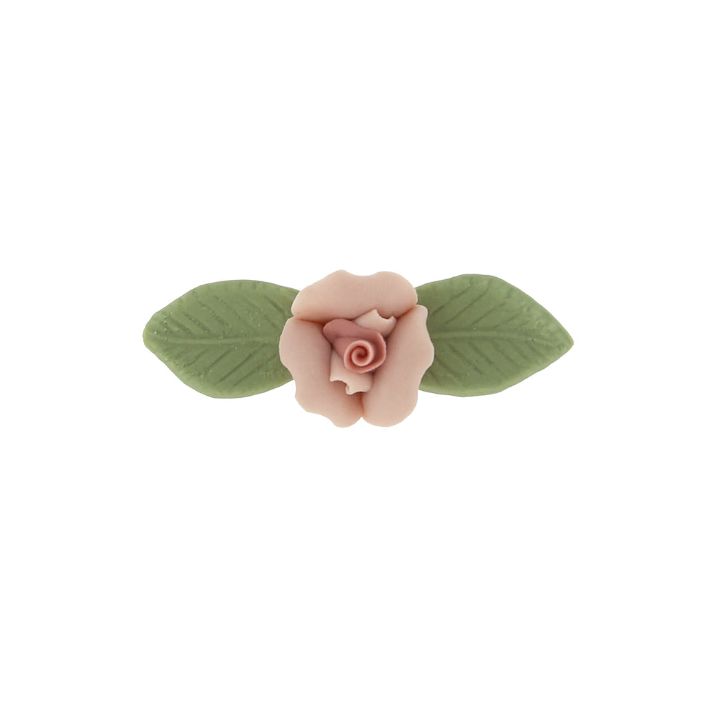 Pink Genuine Porcelain Rose And Green Leaf 14K Gold Dipped Bar Pin