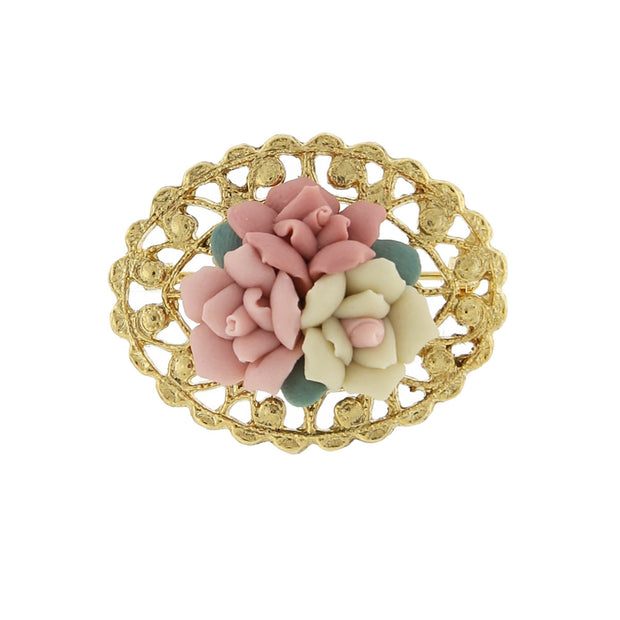 14K Gold Dipped Pink And Ivory Genuine Porcelain Rose Cluster Filigree Pin