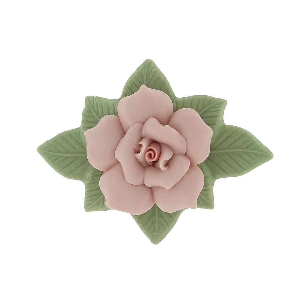 Large Pink Genuine Porcelain Rose And Green Leaf 14K Gold Dipped Bar Pin