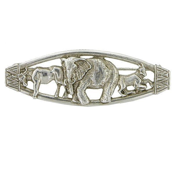 Silver Tone Sculpted Ox, Elephant And Goat Animal Brooch
