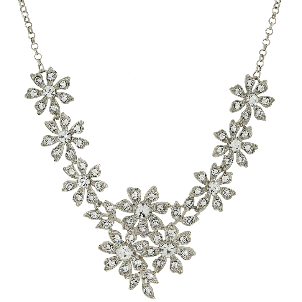 Silver Tone Crystal Flower Statement Necklace 16   19 Inch Adjustable