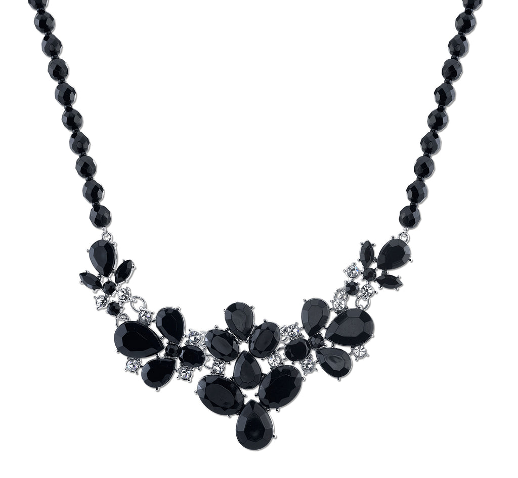 2028 Silver Tone Black Faceted Bead & Pear Shape Stones With Crystal Accent Bib Necklace 16   19 Inch Adjustable