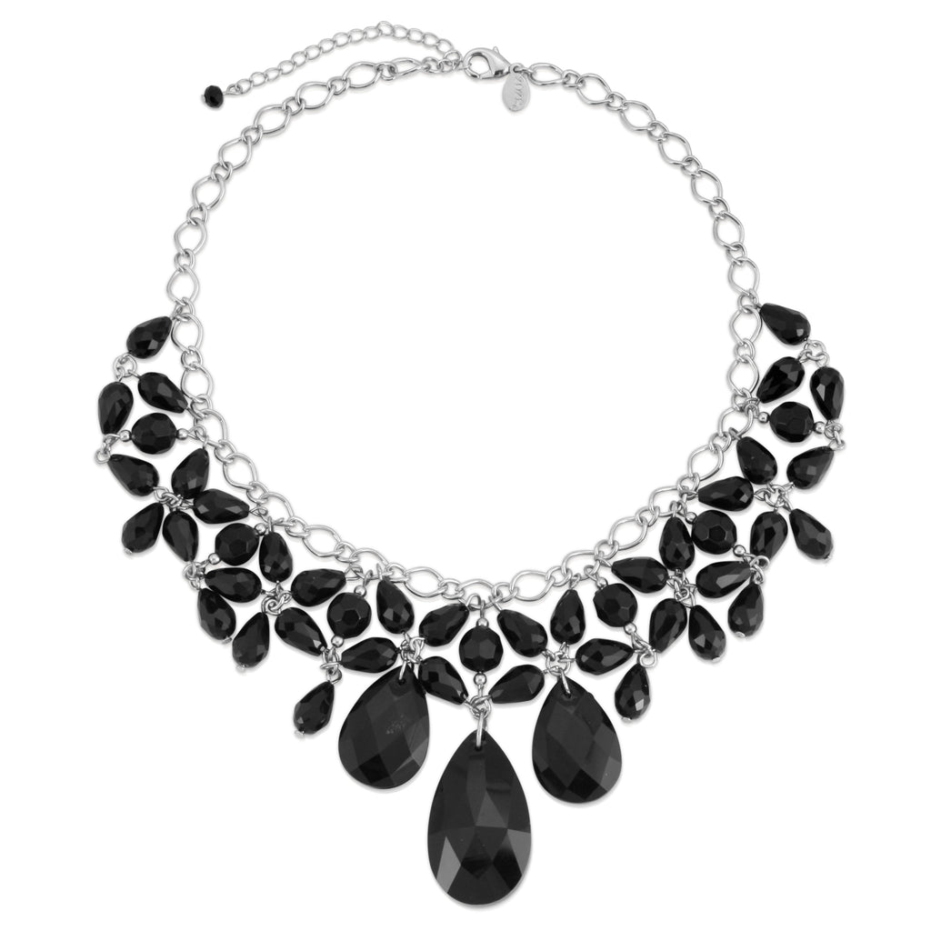 Silver Tone Black Faceted Statement Bib Necklace 16   19 Inch Adjustable