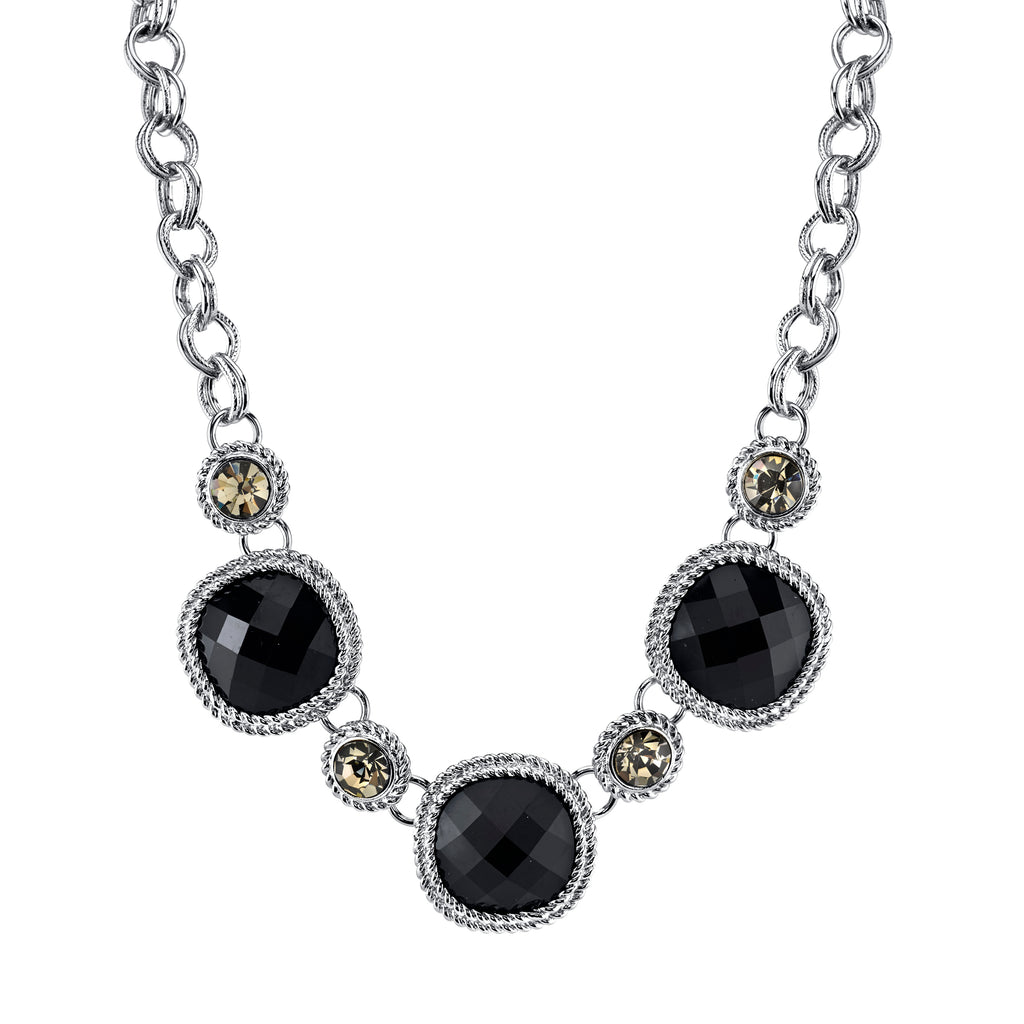Silver Tone Black With Black Diamond Color Accent Faceted Necklace 16   19 Inch Adjustable