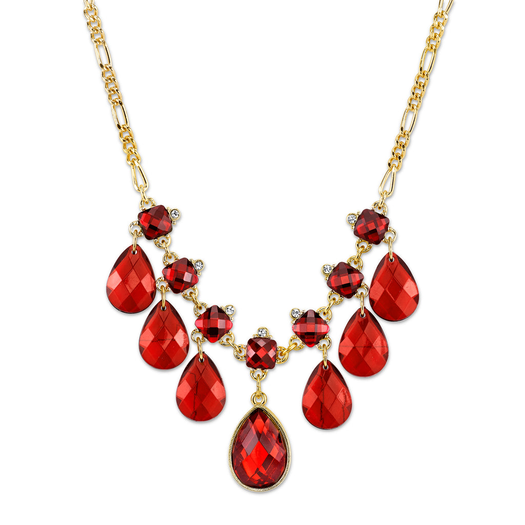 Gold Tone Red With Crystal Accent Bib Pearshape Drop Necklace 16   19 Inch Adjustable