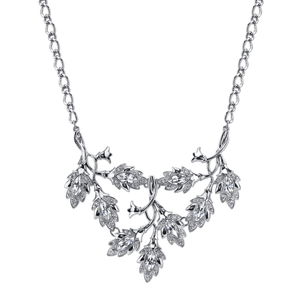 Silver Tone Genuine Austrian Crystal Navette Vine Leaf Bib Necklace 16   19 Inch Adjustable