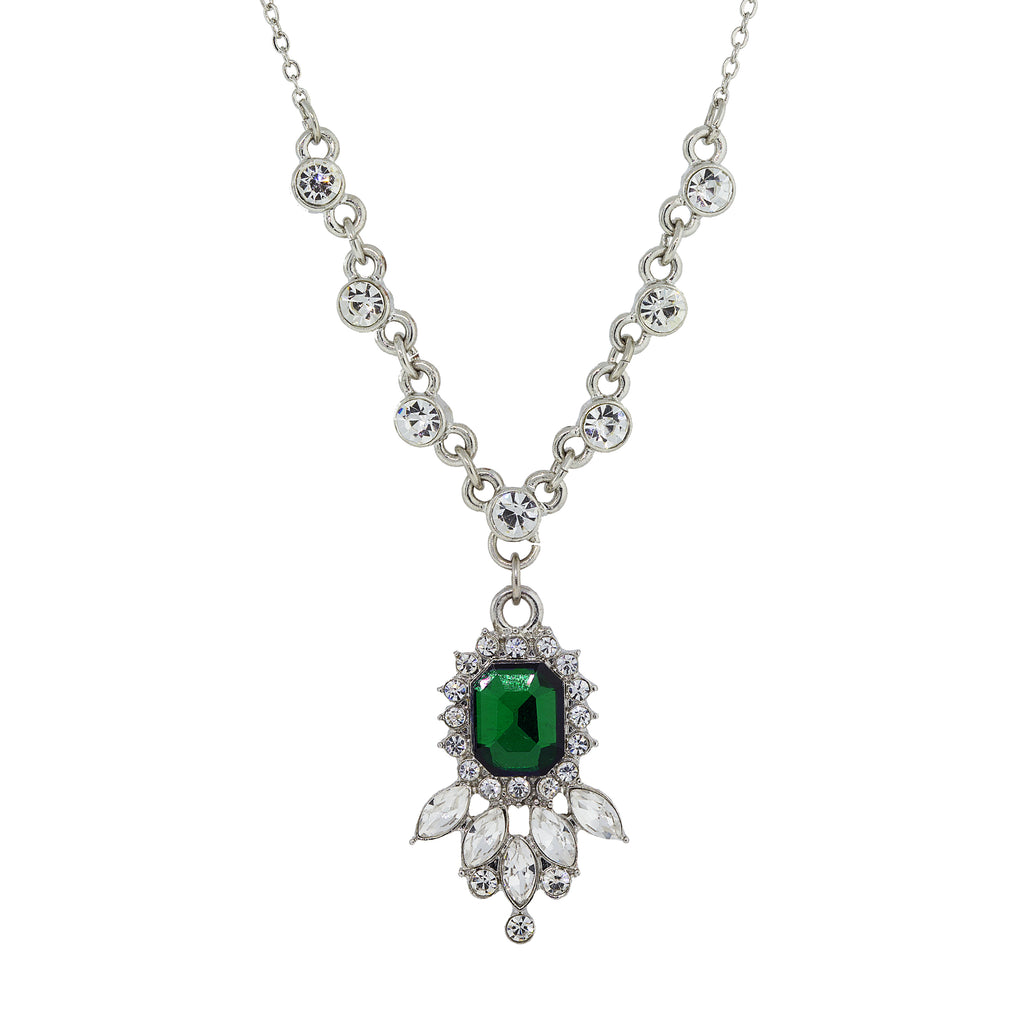 Silver Tone  Green And Crystal Pendant Necklace 16   19 Inch Adjustable
