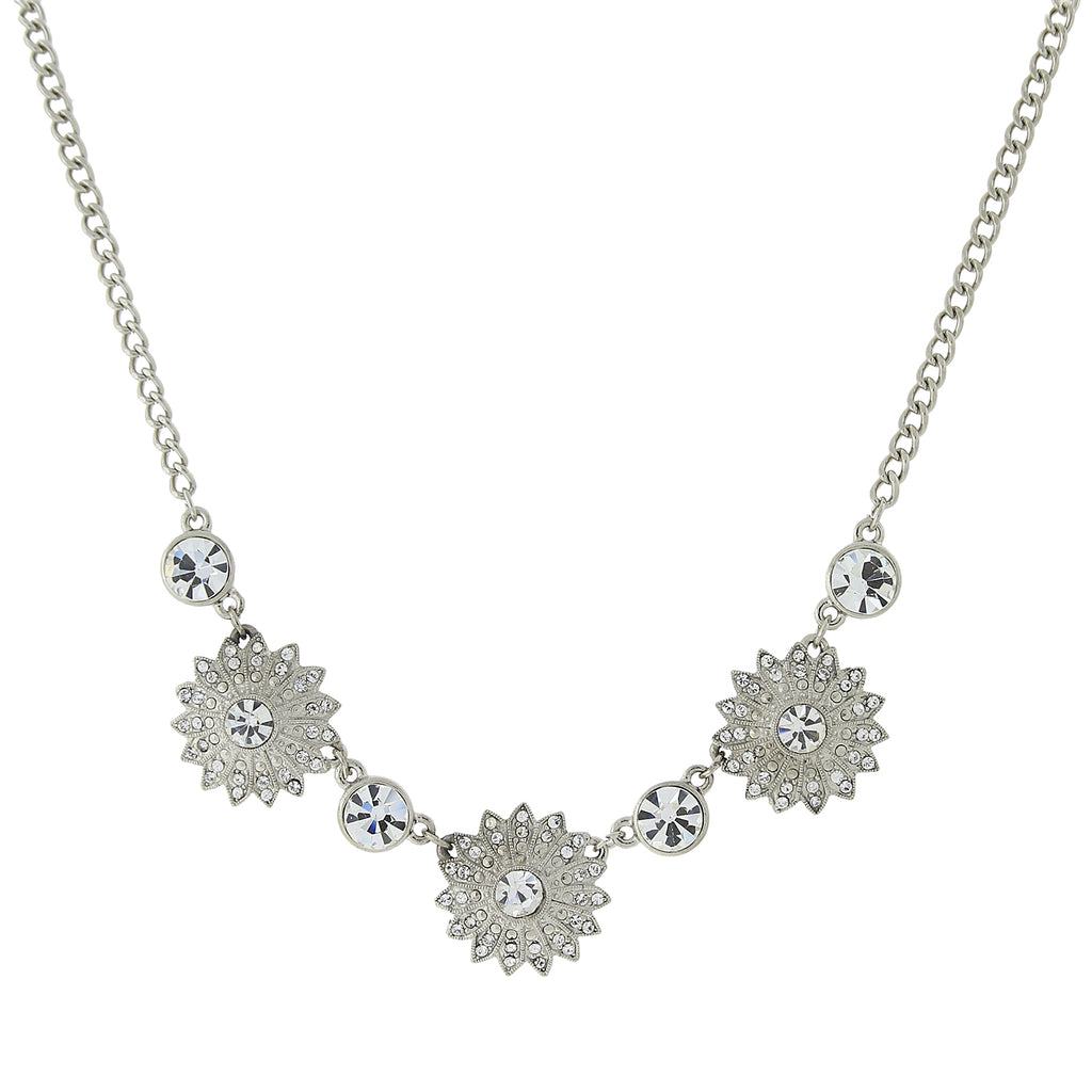 Silver Tone Crystal Sunburst Collar Necklace 16   19 Inch Adjustable